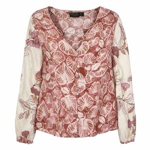 Tahari Linen Blouse Womens Large Pink Tropical Print Balloon Sleeve Resort Boho